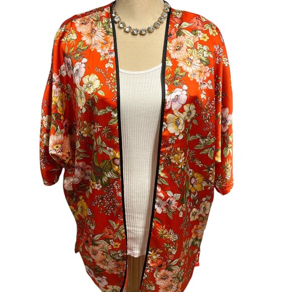 QED LONDON Asian Inspired Floral Kimono Size Medium Deep Orange - Picture 4 of 10